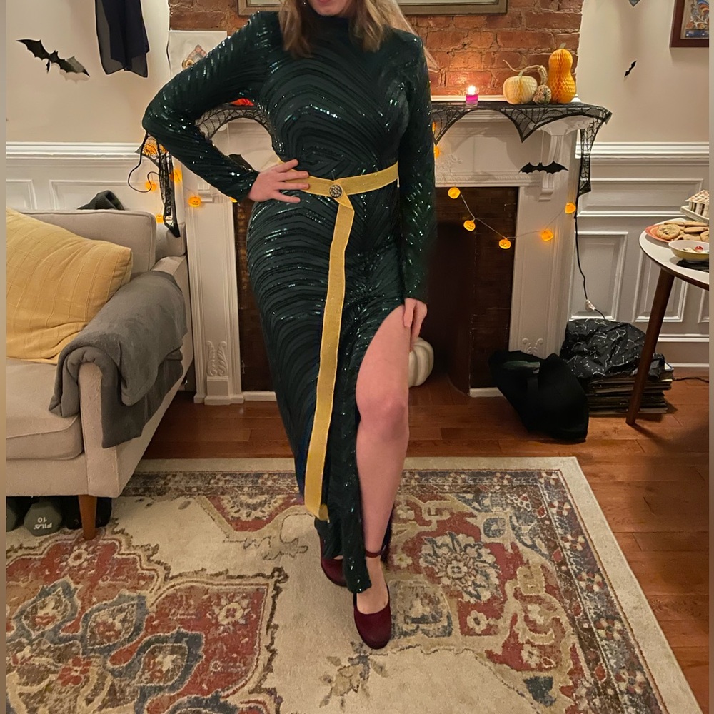 Emerald Green Patterned Sequin High Neck Maxi Pro… - image 2